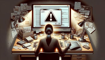Dona en un ordinador amb alerta per ciberatacs per enginyeria social