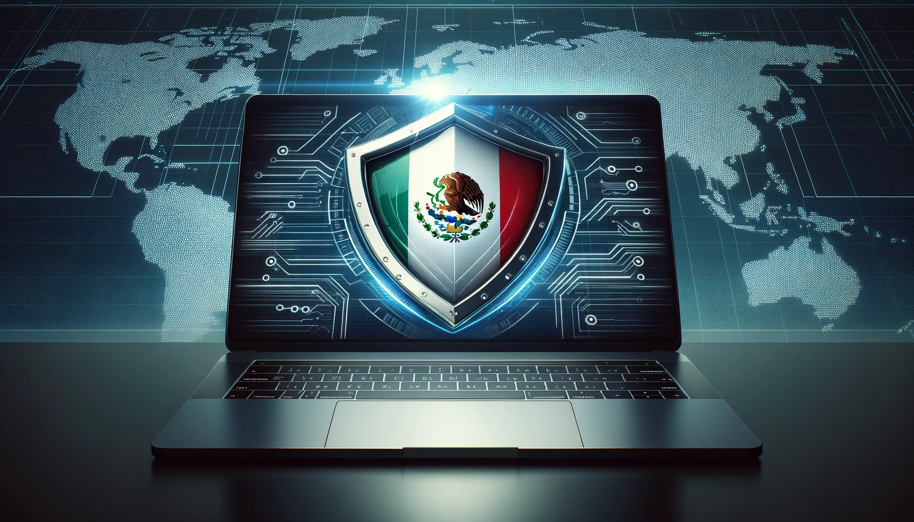 laptop de lei de segurança cibernética com bandeira e escudo mexicanos